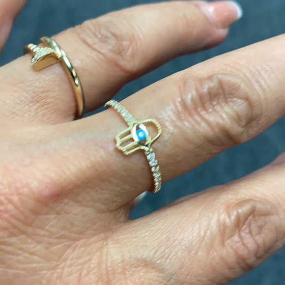 New 14K Yellow Gold Blue CZ Hamsa Ring Band - Picture 3 of 10